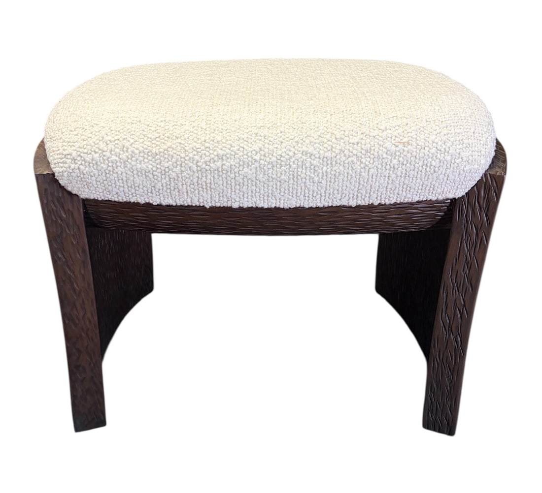 SMALL WALNUT BENCH WITH WHITE UPHOLSTRY: SMALL WALNUT BENCH WITH WHITE UPHOLSTRY Height: 18 in. by Width: 24 in. by Depth: 18