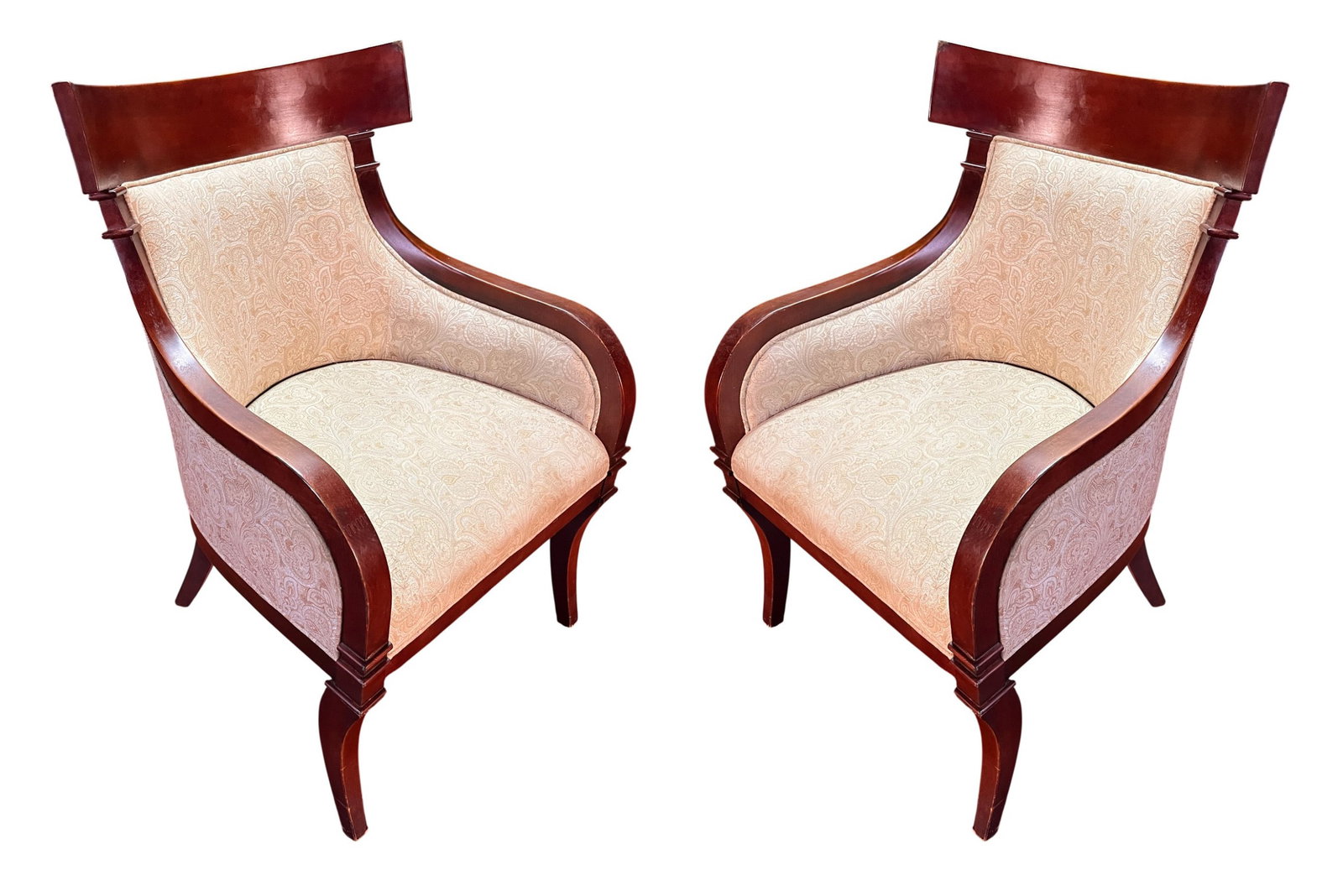 PAIR OF EMPIRE WALNUT UPHOLSTERED ARM CHAIRS: PAIR OF EMPIRE WALNUT UPHOLSTERED ARM CHAIRS Height: 39 in. by Width: 25.5 in. by Depth: 30 in.