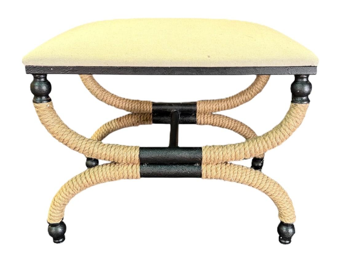 SMALL IRON BENCH WITH ROPE ACCENTS: SMALL IRON BENCH WITH ROPE ACCENTS WITH OATMEAL COLOR UPHOLSTRY Height: 19.5 in. by Width: 24 in. by Depth: 16 in.