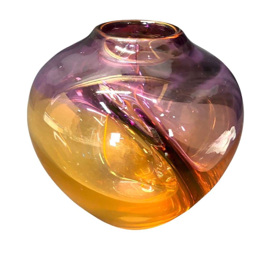 VINTAGE PINK AND ORANGE GLASS BLOWN VASE, SIGNED: VINTAGE PINK AND ORANGE GLASS BLOWN VASE, SIGNED Height: 7 in. by Width: 7 in. by Depth: 7 in.
