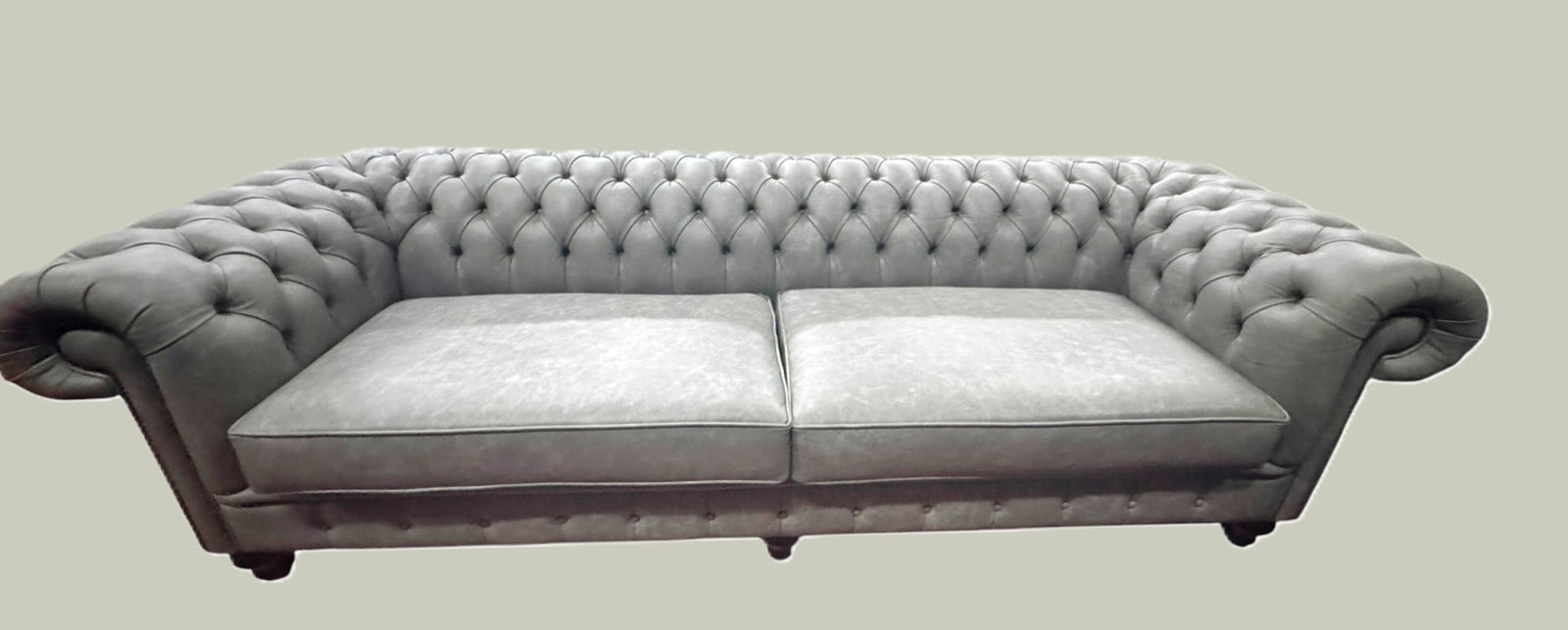 BUTTON TUFTED GRAY LEATHER SOFA (1 of 5)