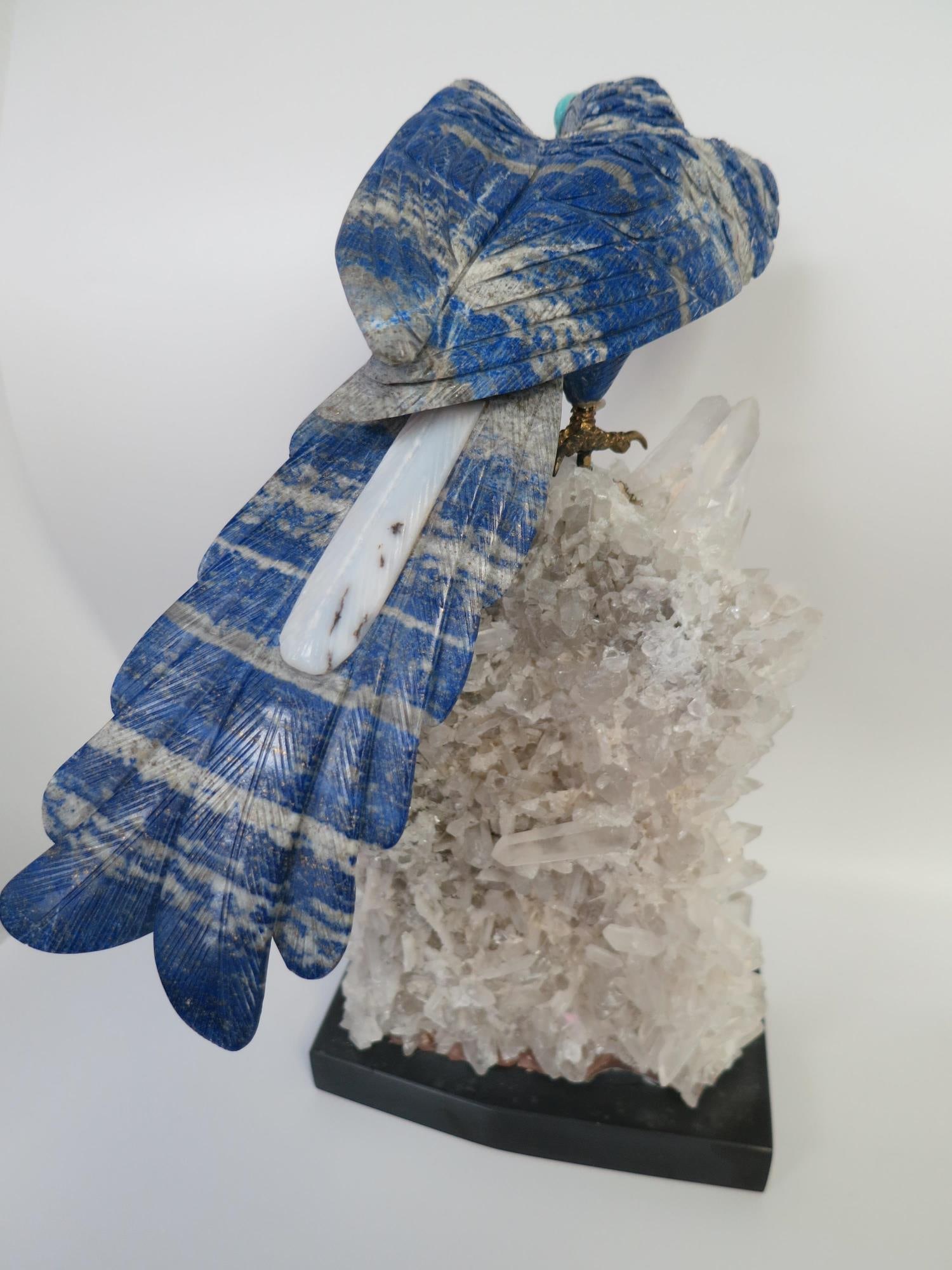 PERUVIAN LAPIS PARROT ON CRYSTAL AGATE BASE - 10