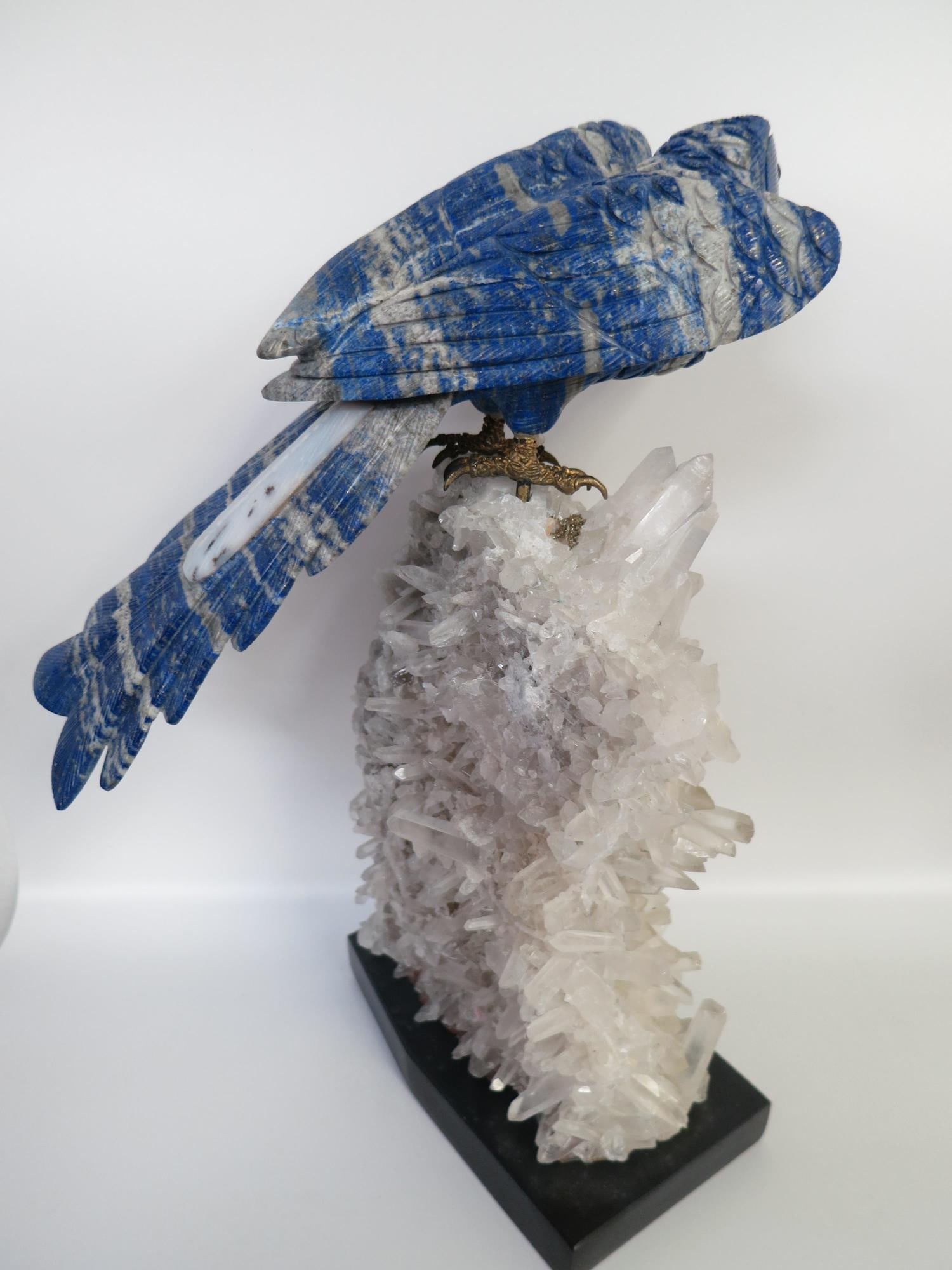 PERUVIAN LAPIS PARROT ON CRYSTAL AGATE BASE - 11