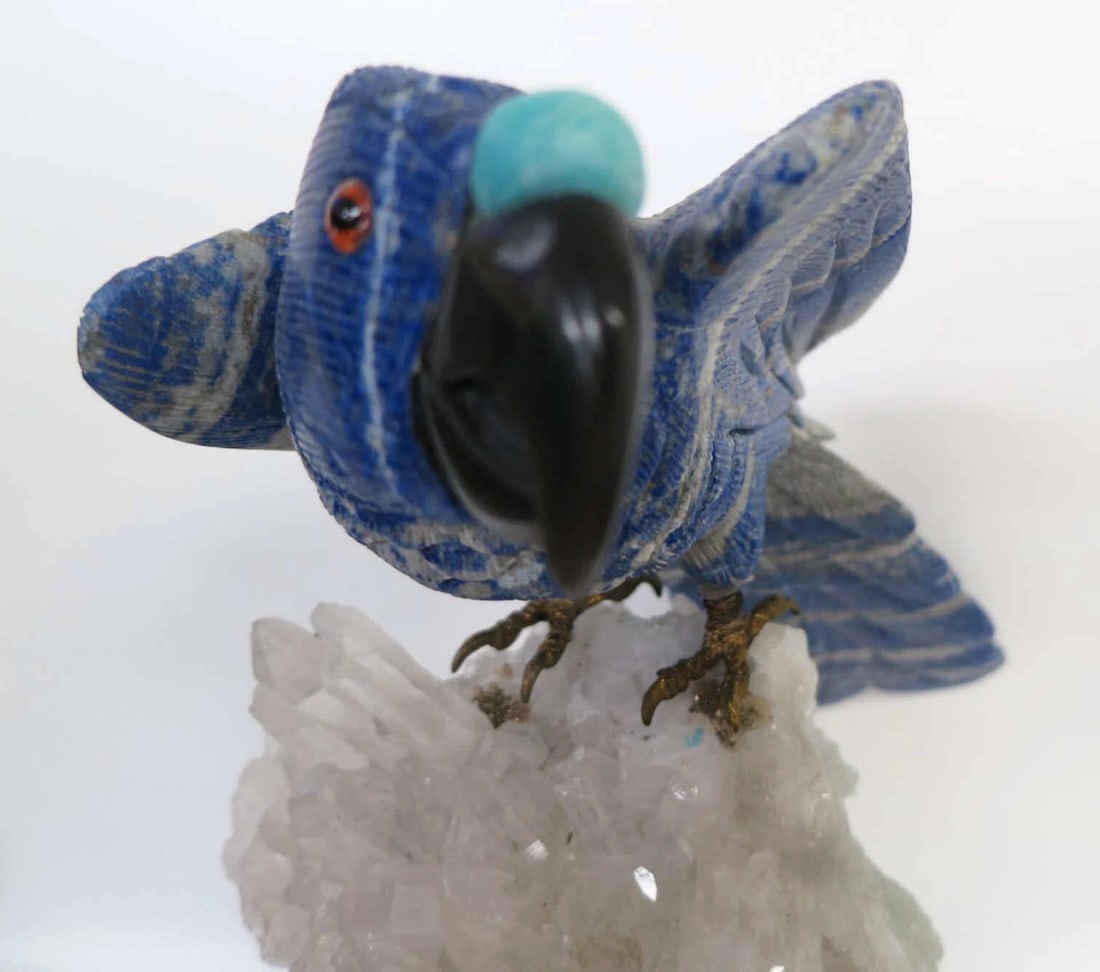 PERUVIAN LAPIS PARROT ON CRYSTAL AGATE BASE - 2
