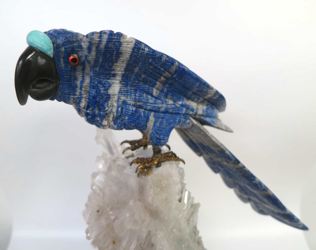PERUVIAN LAPIS PARROT ON CRYSTAL AGATE BASE - 4