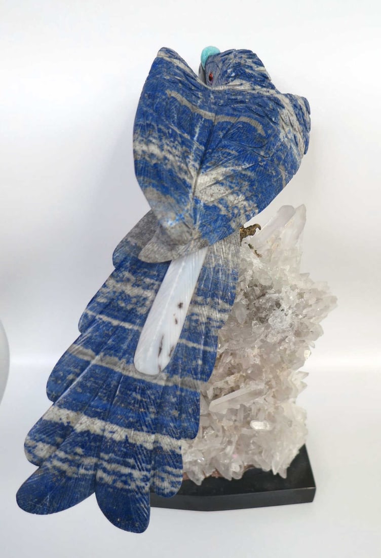 PERUVIAN LAPIS PARROT ON CRYSTAL AGATE BASE - 8