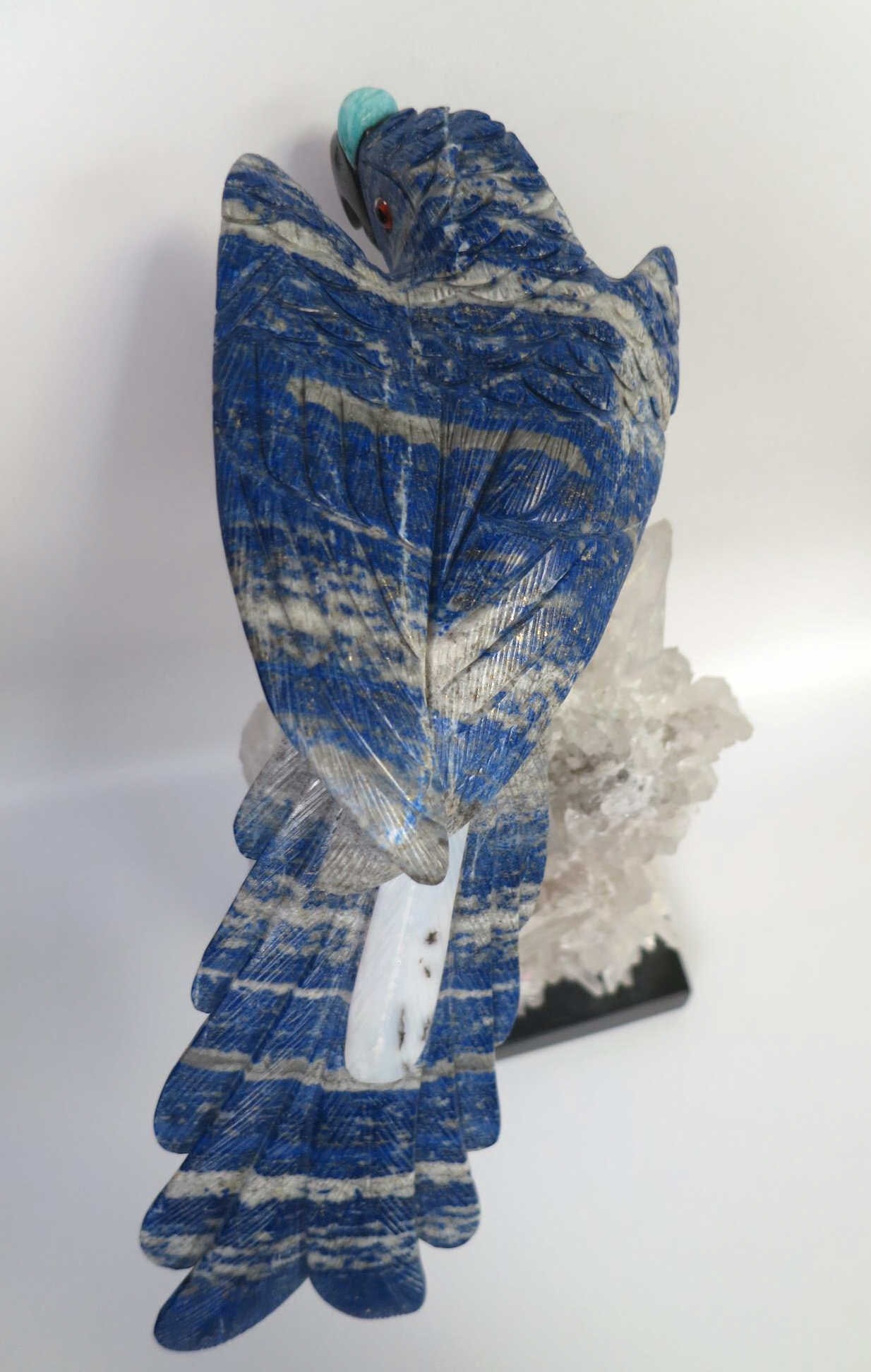 PERUVIAN LAPIS PARROT ON CRYSTAL AGATE BASE - 9