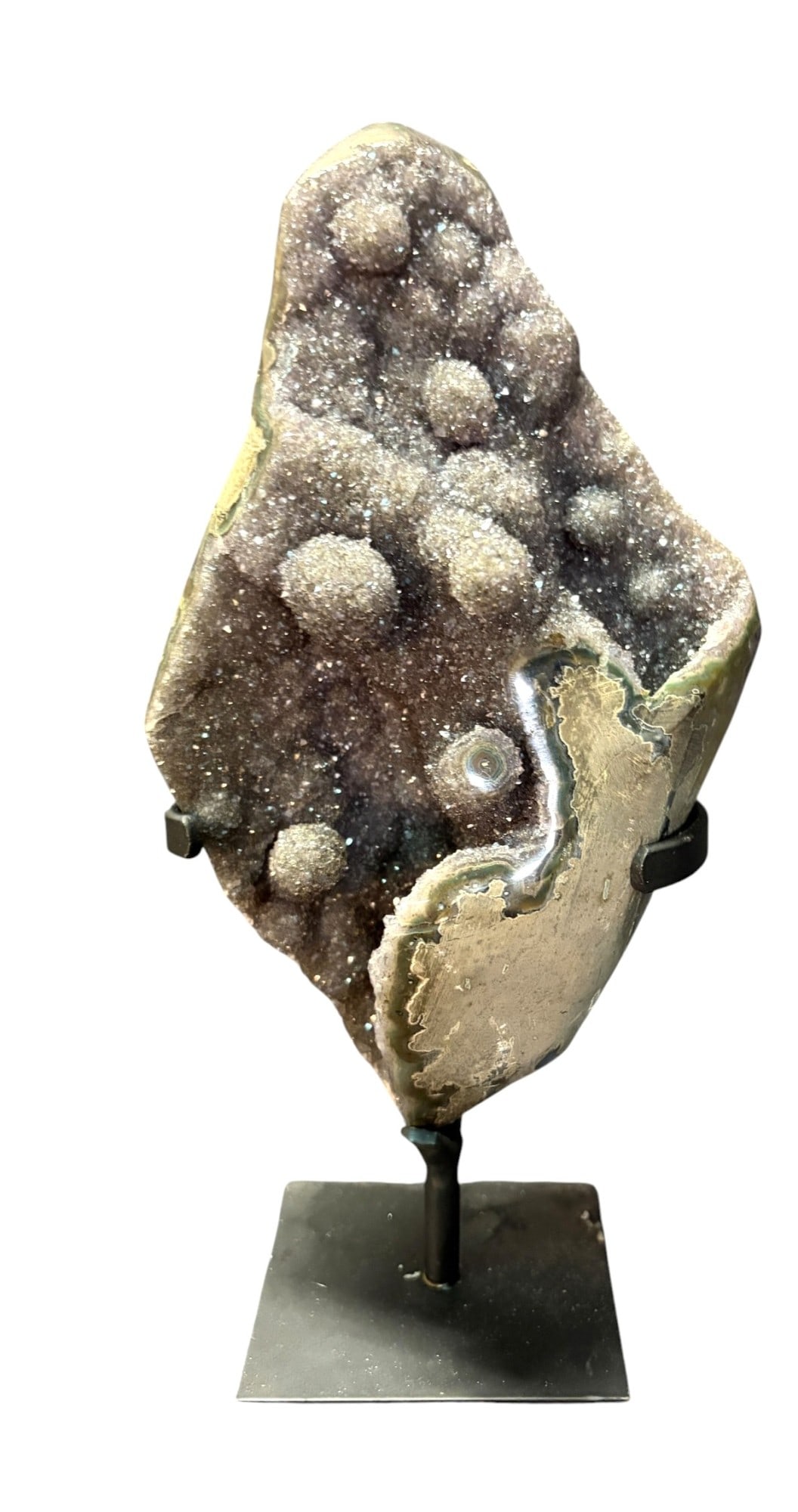 GRAY/BLACK DRUSY AMETHYST CRYSTAL ON STAND: GRAY/BLACK DRUSY AMETHYST CRYSTAL ON STAND Height: 9 in. by Width: 5 in. by Depth: 3 in.