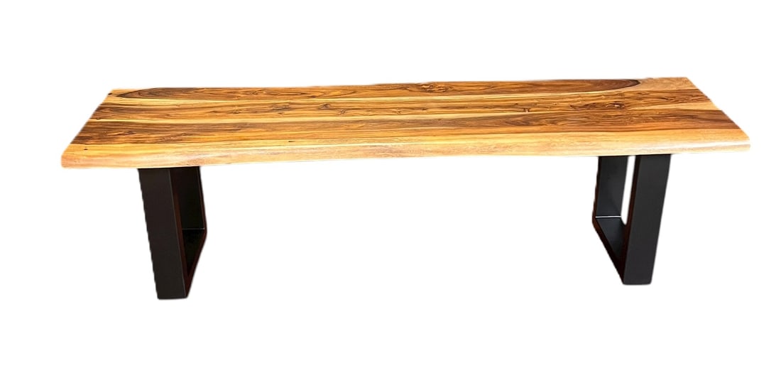 LIVE EDGE WOODEN BENCH W/ METAL LEG ACCENTS: LIVE EDGE WOODEN BENCH W/ METAL LEG ACCENTS. Height: 18.5 in. by Width: 63.8 in. by Depth: 17.5 in.