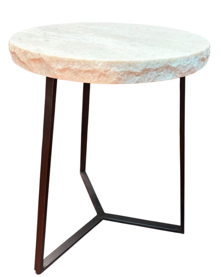 NATURAL MARBLE EDGE SIDE TABLE ON IRON BASE: NATURAL MARBLE EDGE SIDE TABLE ON IRON BASE. Height: 24 in. by Width: 18.5 in. by Depth: 18.5 in.
