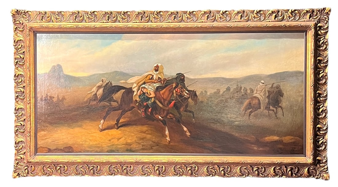 1875 OIL ON CANVAS MEN ON HORSEBACK, SIGNED: 1875 OIL ON CANVAS MEN ON HORSEBACK, SIGNED BY LISTED ARTIST. Height: 25 in. by Width: 46 in.