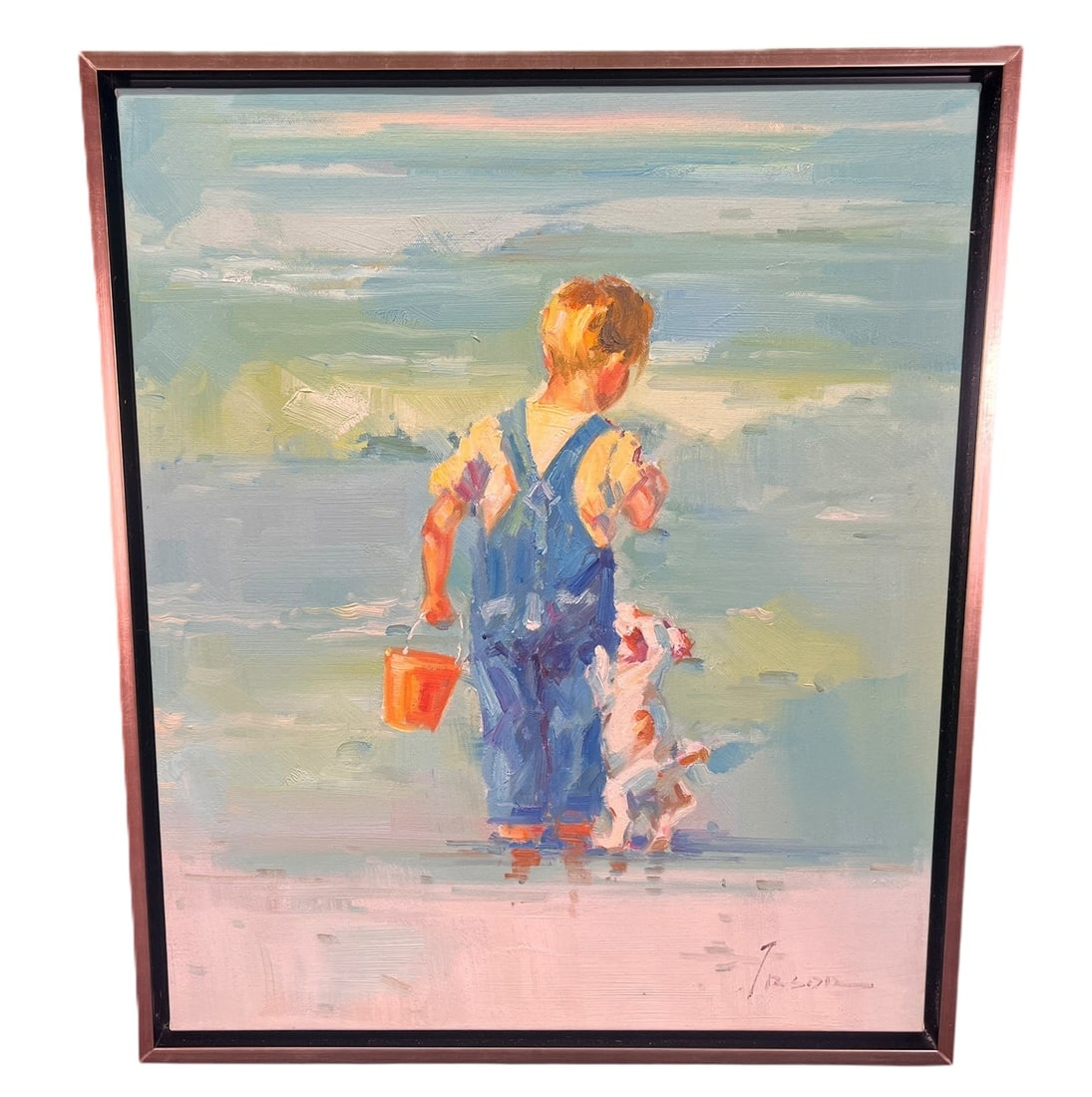 HANDPAINTED BOY W/ DOG ON BEACH, SIGNED BY ARTIST: HANDPAINTED BOY W/ DOG ON BEACH, SIGNED BY LISTED ARTIST Height: 26 in. by Width: 21.5 in. by Depth: 1 IN.