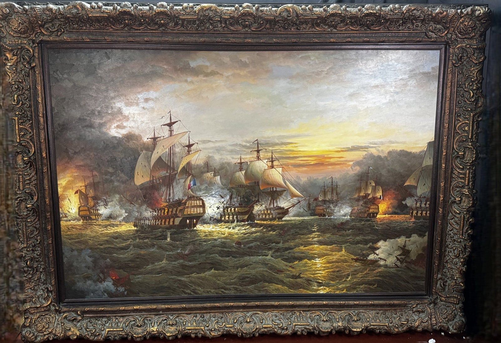 OLD SPANISH GALLEONS BATTLE SCENE, OIL ON CANVAS: OLD SPANISH GALLEONS BATTLE SCENE, OIL ON CANVAS Height: 64 in. by Width: 87 in. by Depth: 5