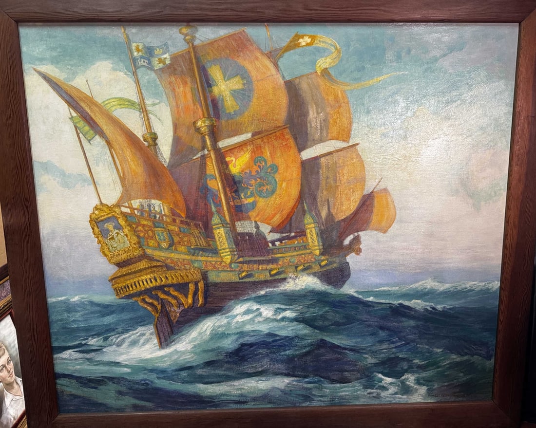 LARGE SPANISH SAILING SHIP PAINTING OIL ON CANVAS: LARGE SPANISH SAILING SHIP PAINTING OIL ON CANVAS IN SOLIDE WOOD FRAME Height: 73 in. by Width: 85 in. by Depth: 2