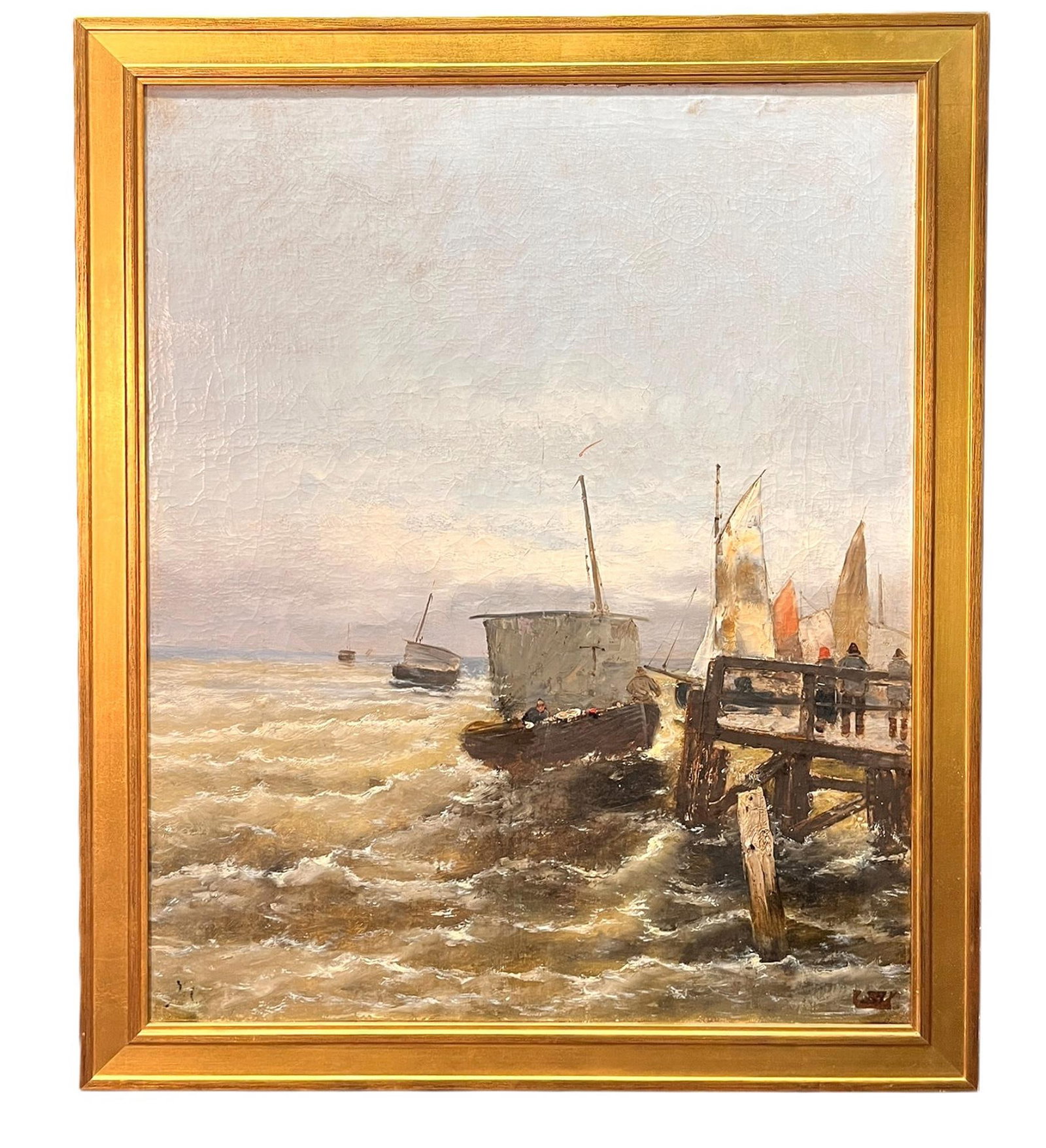19th CENTURY HARBOR SCENE OIL ON CANVAS PAINTING: 19th CENTURY HARBOR SCENE OIL ON CANVAS PAINTING. Height: 30.5 in. by Width: 25 in. by Depth: 1 IN.