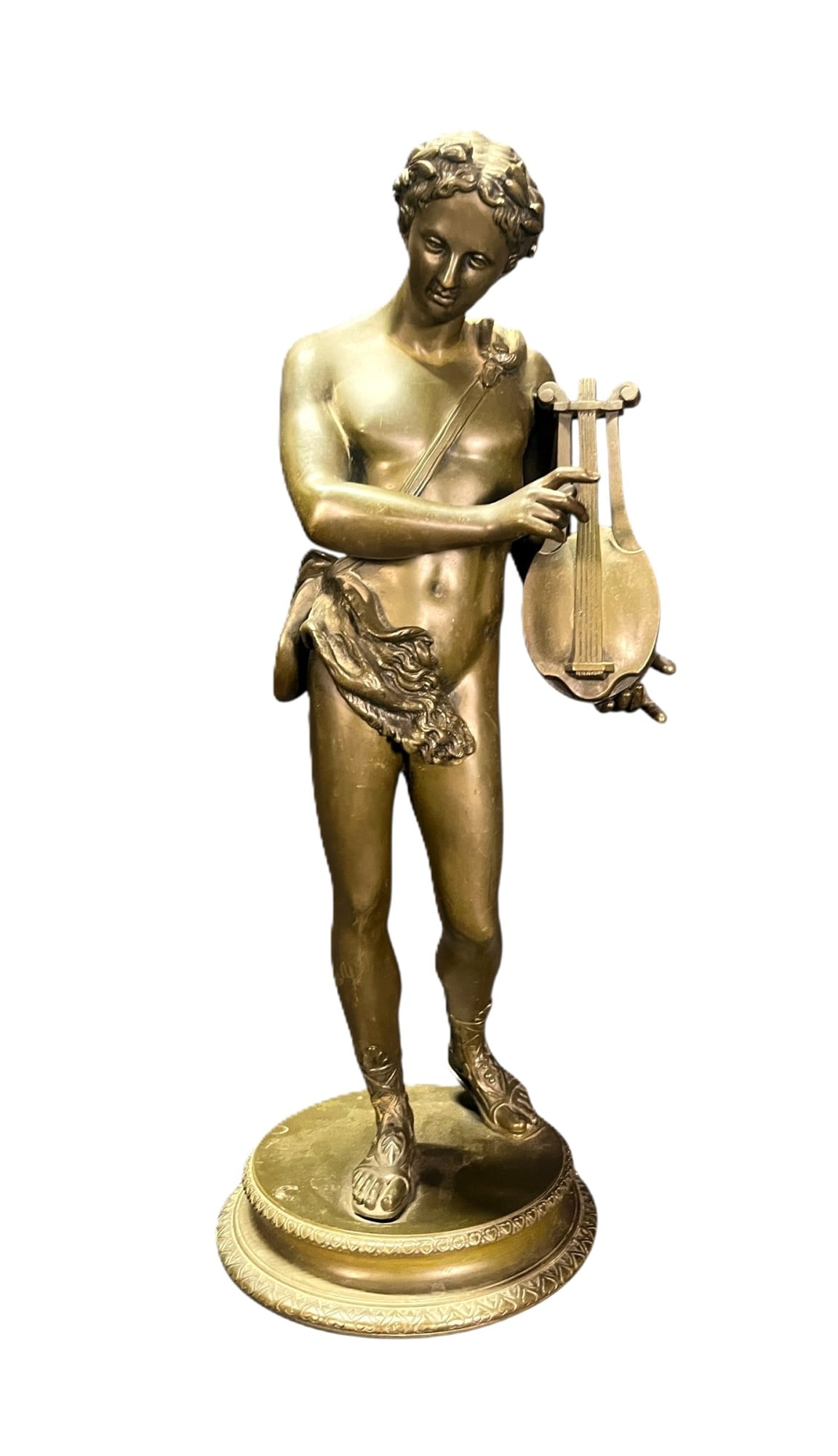 20th CENTURY BRONZE FIGURE OF APOLLO HOLDING LYRE: 20th CENTURY BRONZE FIGURE OF APOLLO HOLDING LYRE. Height: 19 in. by Width: 7.5 in. by Depth: 7.5 in.