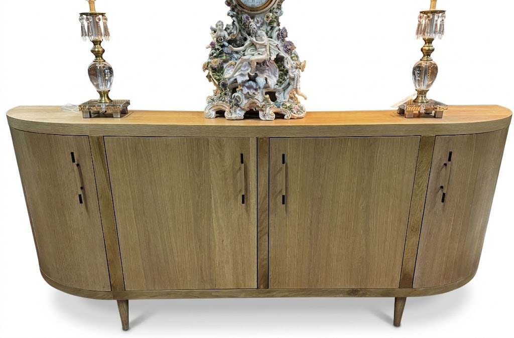 A NICE MODERNIST LIGHT OAK SIDEBOARD WITH LEATHER: A NICE MODERNIST LIGHT OAK SIDEBOARD WITH LEATHER WRAPPED HANDLES