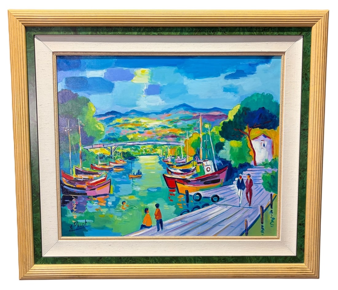 "LE PONT DE BOIS SUR LA SIAGNE" PAINTING BY PICOT: "LE PONT DE BOIS SUR LA SIAGNE" PAINTING SIGNED BY J PICOT Height: 31 in. by Width: 35 in.
