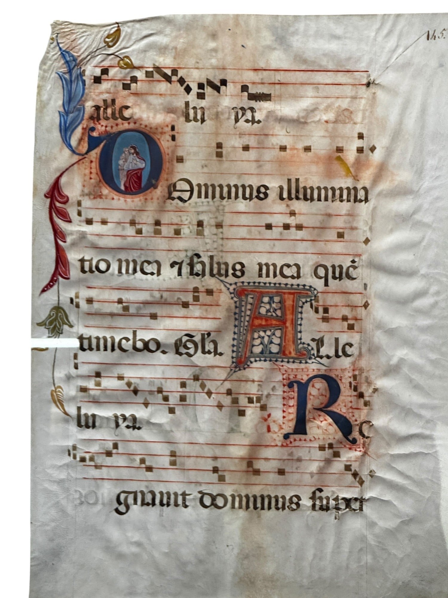 17TH C. HAND PAINTED CHOIR PAGE ON SHEEPSKIN (1 of 2)