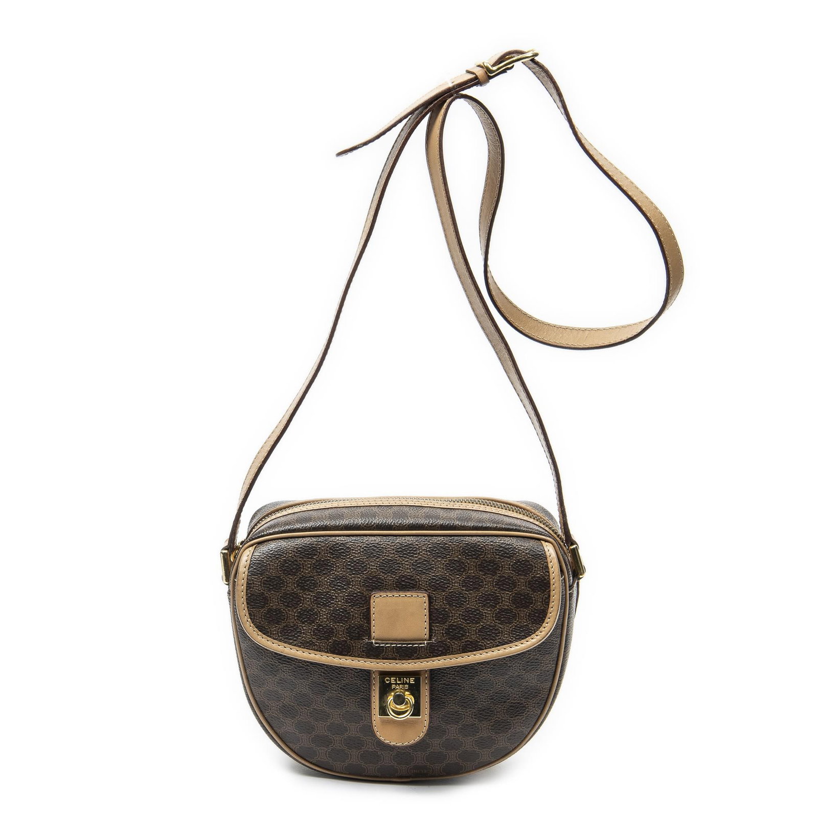 Celine Small Flap Crossbody Shou: Celine Small Flap Crossbody Shoulder Bag. Made from Macadam Coated Canvas with Light Brown Leather straps/handles and Gold hardware. Dimensions: 20*16*7cm. Accessories include: None. Condition Rating 