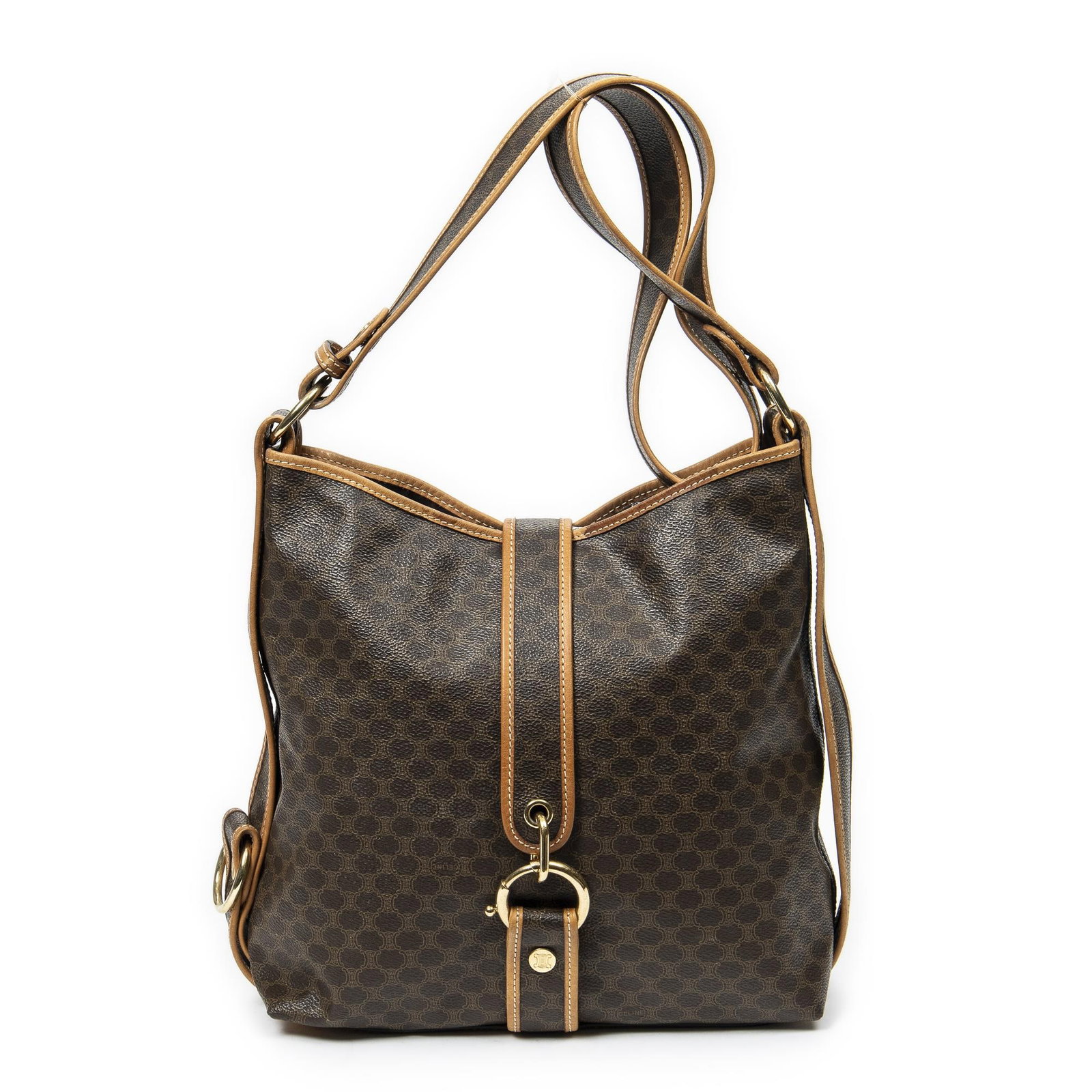 Celine Vintage Buckle Crossbody Shoulder Bag: Celine Vintage Buckle Crossbody Shoulder Bag. Made from Macadam Coated Canvas with Coated Canvas straps/handles and Gold hardware. Dimensions: 27*27*9cm. Accessories include: None. Condition Rating =
