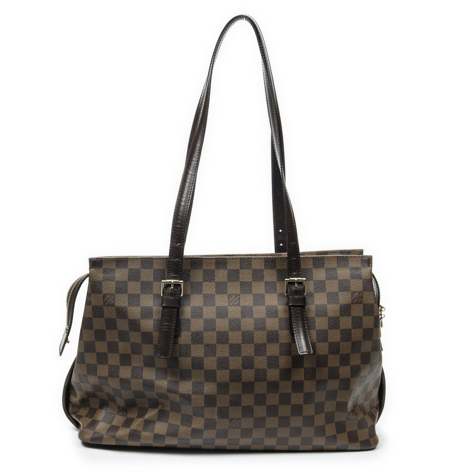 Louis Vuitton Chelsea Shoulder Bag: Louis Vuitton Chelsea Shoulder Bag. Made from Damier Ebene with Brown Leather straps/handles and Golden Brass hardware. Dimensions: 41*27*15cm. Accessories include: None. Condition Rating = A.