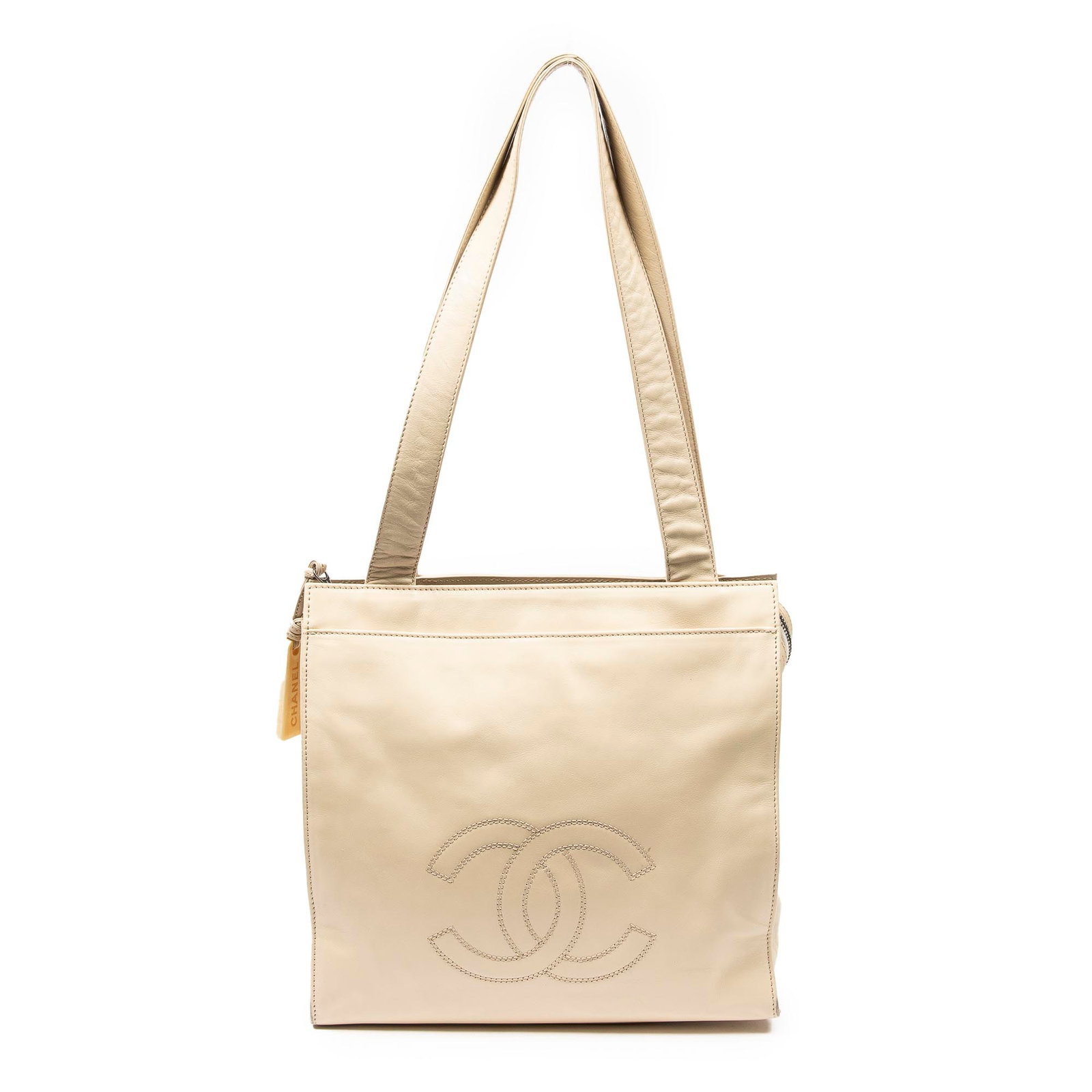 Chanel CC Square Slip Pocket Tote Shou: Chanel CC Square Slip Pocket Tote Shoulder Bag. Made from Lambskin Leather with Light Beige Leather straps/handles and Gold hardware. Dimensions: 28*25*10cm. Accessories include: Sticker, Card.