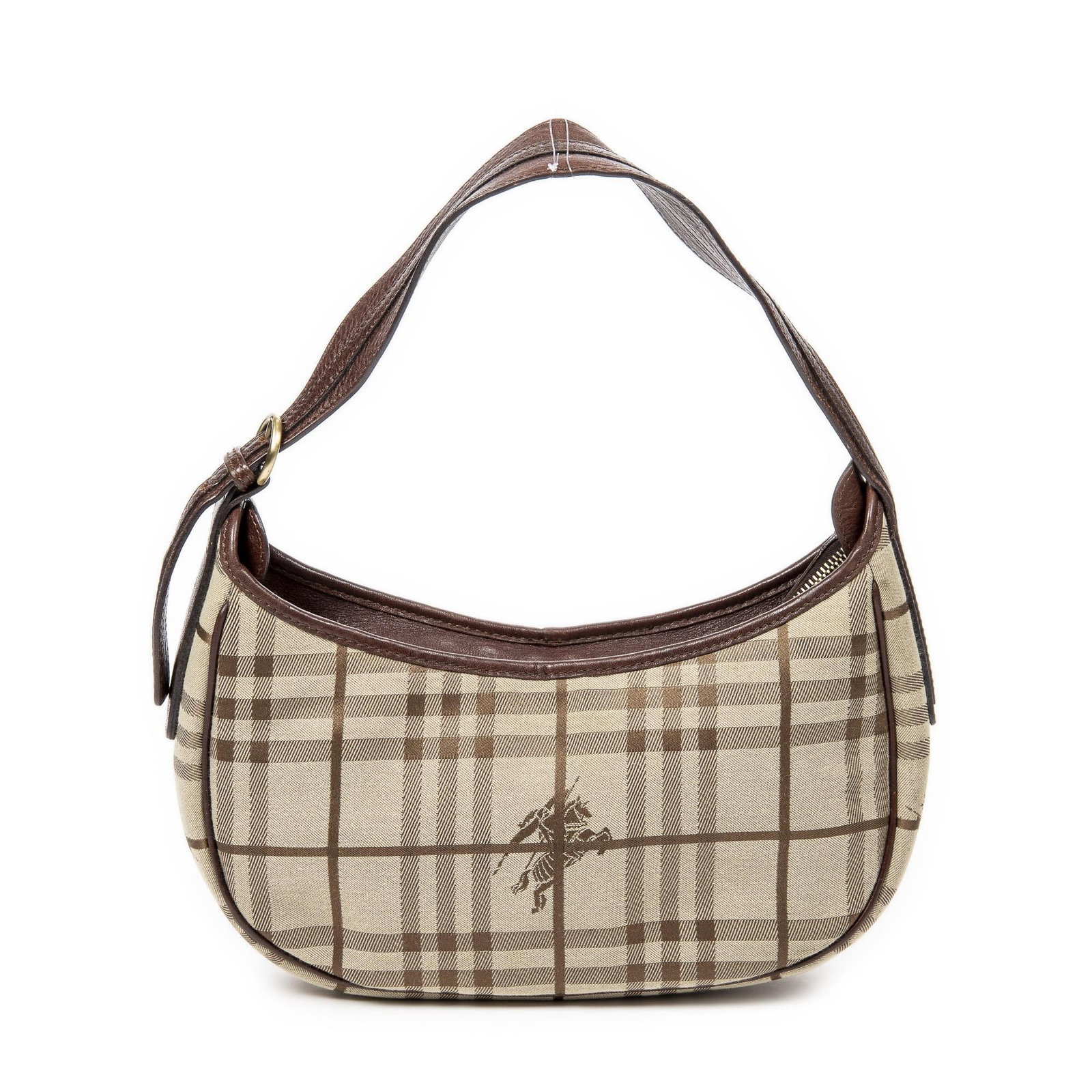 Burberry Zip Hobo Shoulder Bag: Burberry Zip Hobo Shoulder Bag. Khaki/Brown Vintage Haymarket Check Canvas. Brown Leather Handle Gold Hardware. T-05-01,United Kingdom. AAY9330 Height: 6 in. by Width: 10 in. by Depth: 3 in.