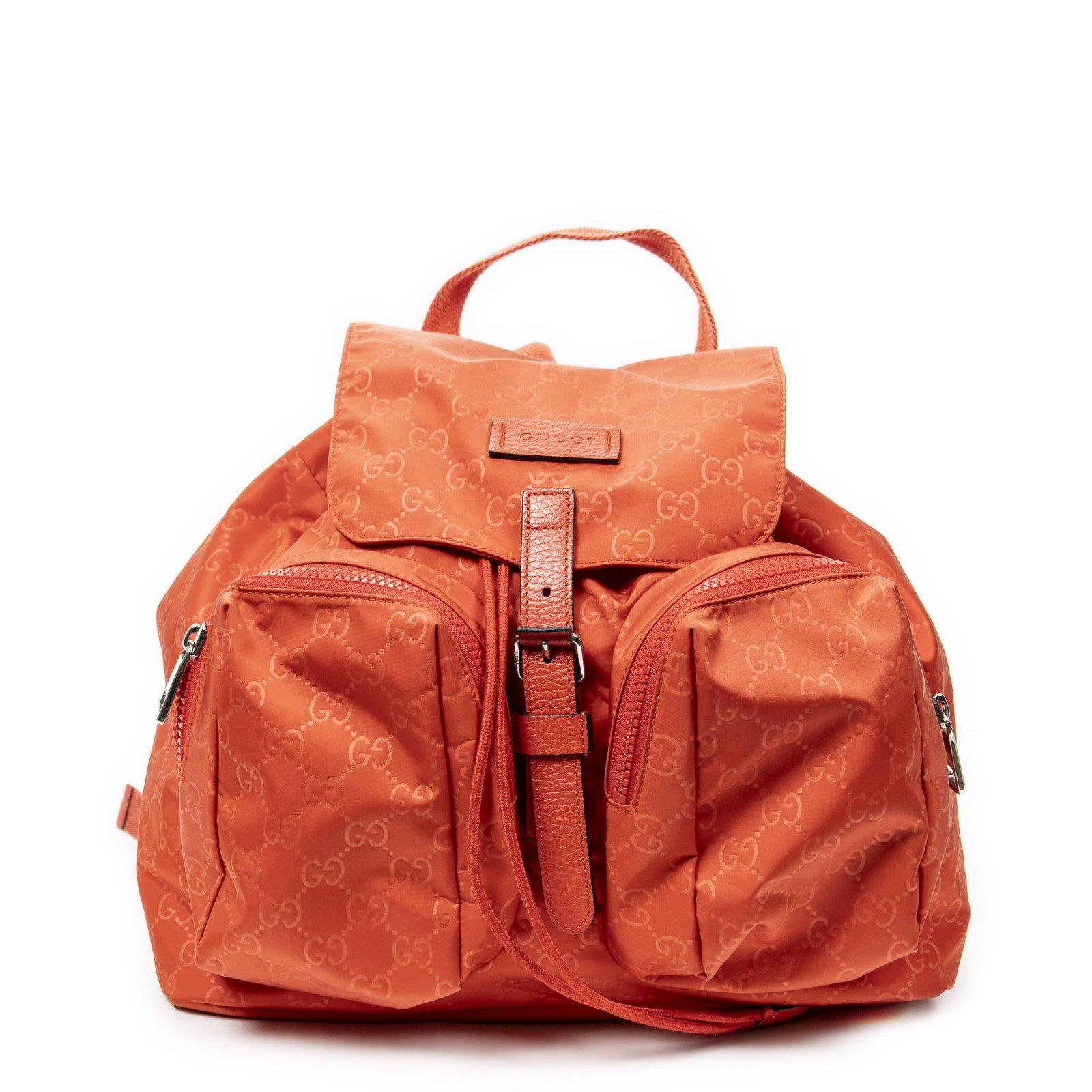 Gucci Double Front Pocket Backpack Backpack: Gucci Double Front Pocket Backpack Backpack. Made from Monogrammed Nylon Canvas with Orange Canvas straps/handles and Silver hardware. Dimensions: 31*28*12cm. Accessories include: None. Condition