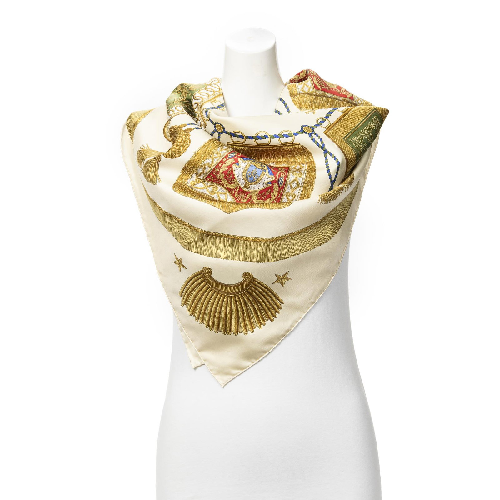 Herm?s Scarf: Hermes Scarf. Made from 100% Twill Silk with straps/handles and hardware. Dimensions: 90*90cm. Accessories include: Box. Condition Rating = A. Country of Origin: France. Item Number: ABC6169. ABC6169
