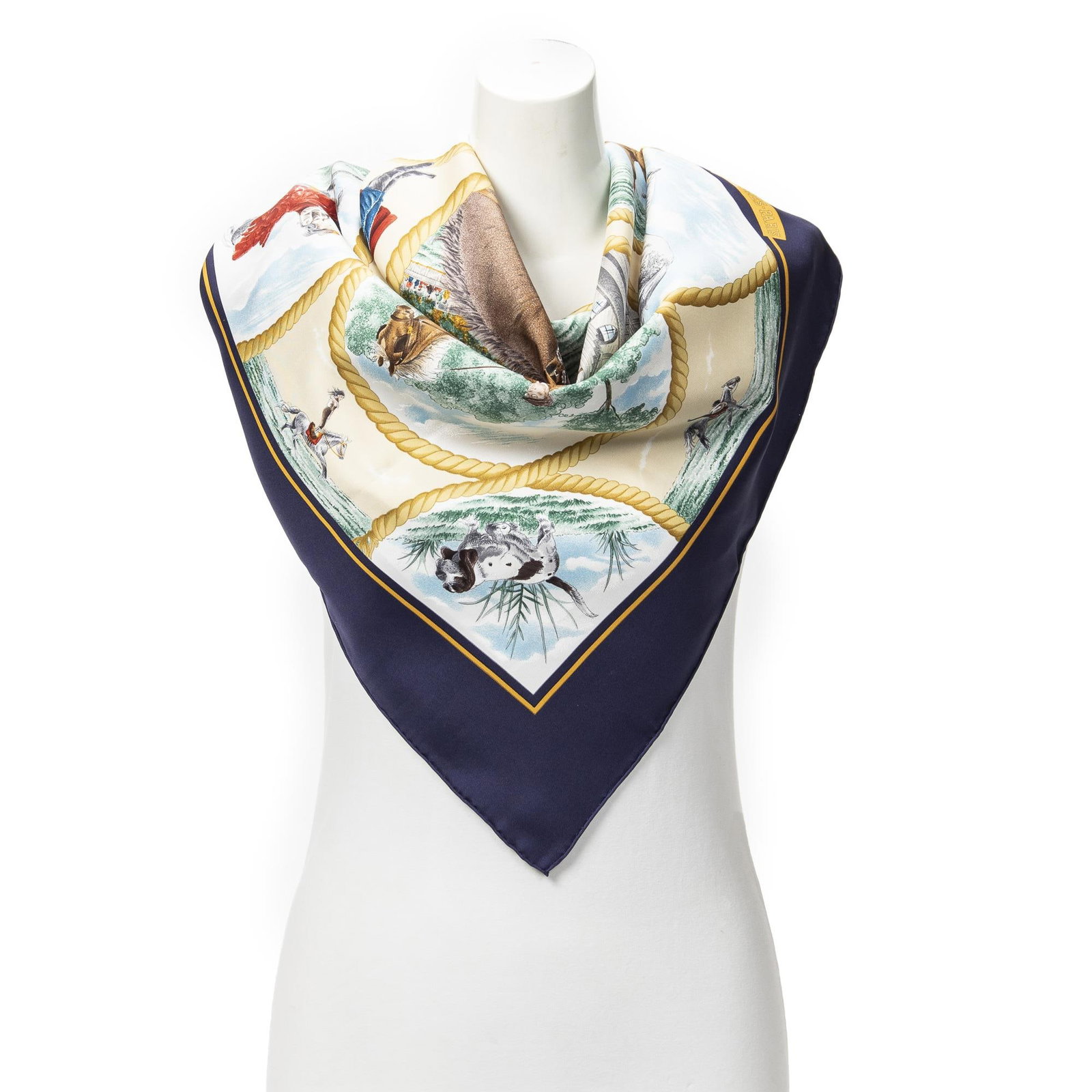 Herm?s Scarf: Hermes Scarf. Made from 100% Twill Silk. Dimensions: 90*90cm. Accessories include: Box. Condition Rating = AA. Country of Origin: France. Item Number: ABC4197. ABC4197