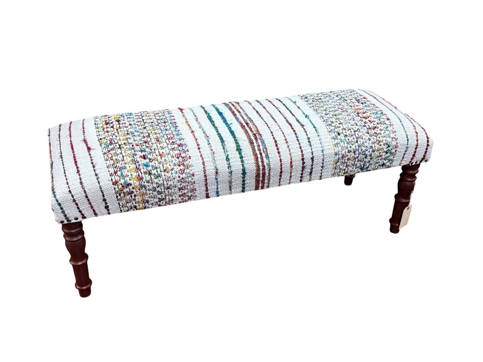UPHOLSTERED BENCH RAISED ON TURNED LEGS: UPHOLSTERED BENCH RAISED ON TURNED LEGS Height: 18 in. by Width: 47 in. by Depth: 16