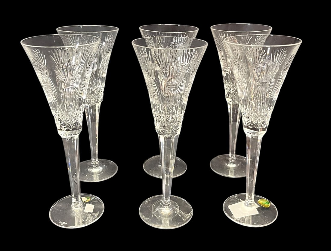 SIX WATERFORD "PROSPERITY" MILLENIUM FLUTE GLASSES: SET OF 6 WATERFORD CRYSTAL "PROSPERITY" MILLENIUM FLUTE GLASSES. Height: 9.3 in. by Width: 3.5 in.