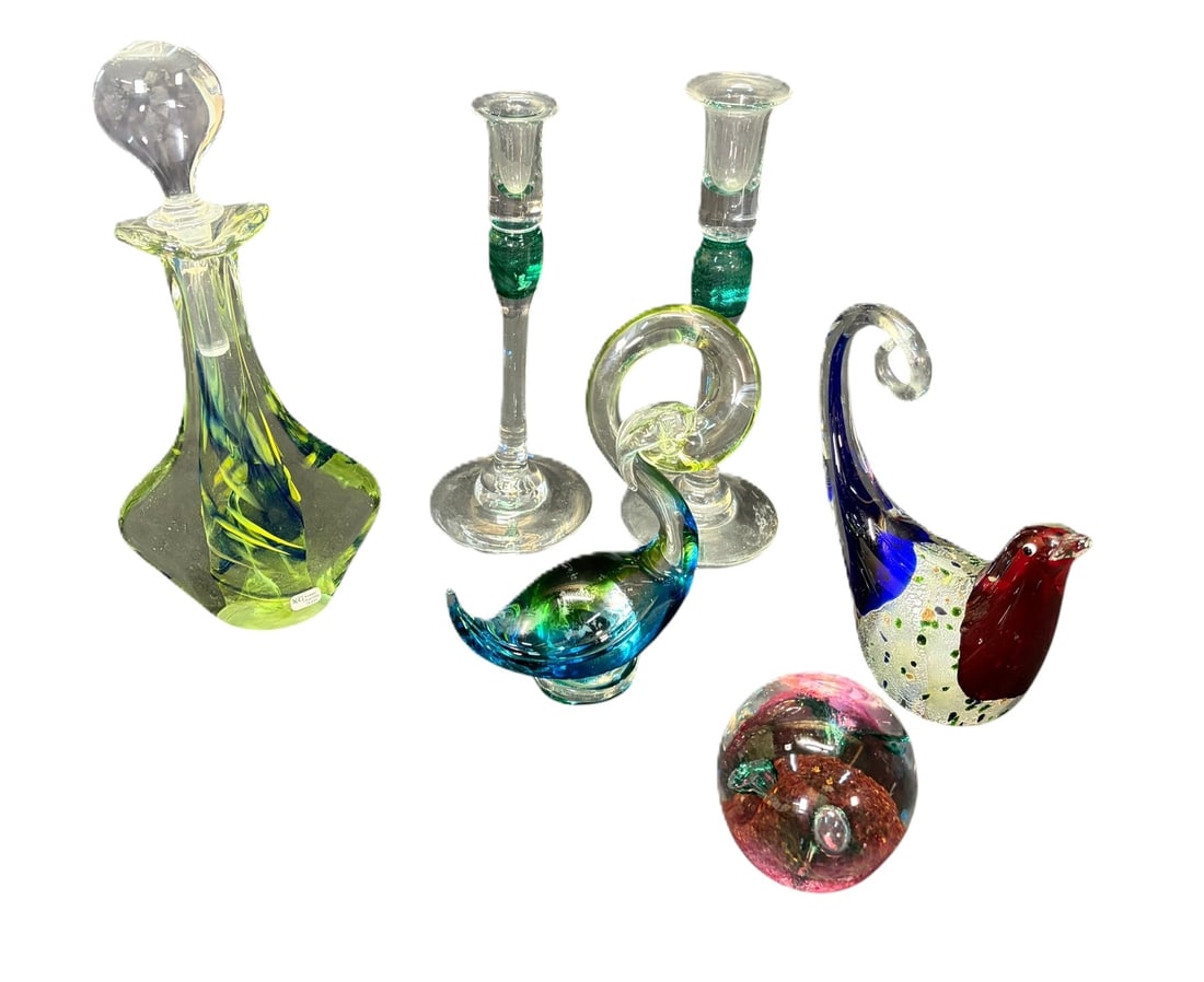 MIXED LOT 2 CANDLESTICKS, DECANTER, 2 BIRDS, ORB: MIXED LOT GLASS BLOWN ITEMS INCLUDING 2 CANDLESTICKS, DECANTER, 2 BIRDS, ORB Height: 10 in. by Width: 3.5 in. by Depth: 3.5 in.