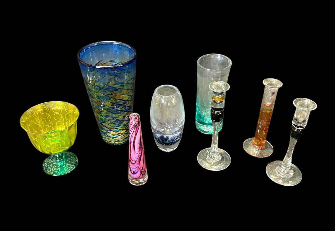 3 GLASS VASES, 3 CANDLESTICKS, BOWL, DEC ITEM (1 of 6)