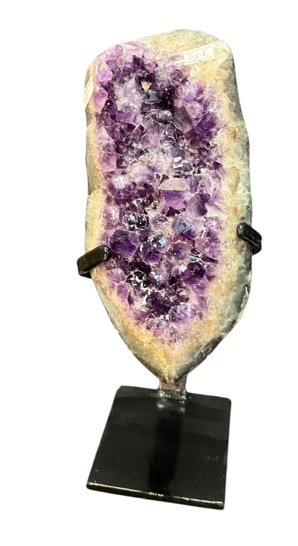 AMETHYST WITH STAND: AMETHYST WITH STAND 5.6kg AMETHYST WEIGHS 5.6 KG & IS 11"H X 5"W X 4"D ON THE STAND IT IS 15" TALL & THE STAND BASE IS 5" WIDE. Height: 15 in. by Width: 6 in. by Depth: 4 in.