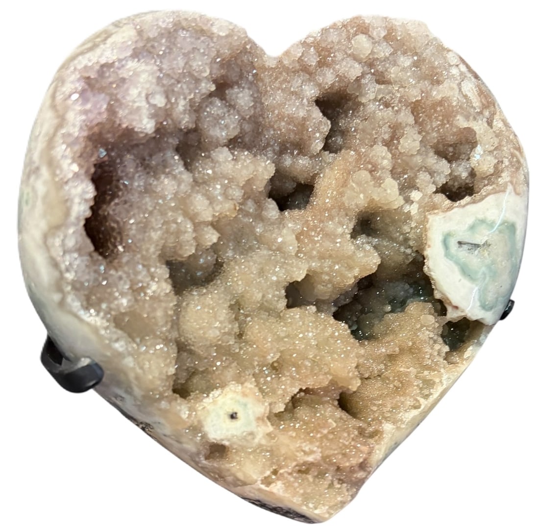 AMETHYST HEART SHAPED ON IRON STAND: AMETHYST HEART SHAPED ON IRON STAND Height: 7 in. by Width: 7 in. by Depth: 4 in.