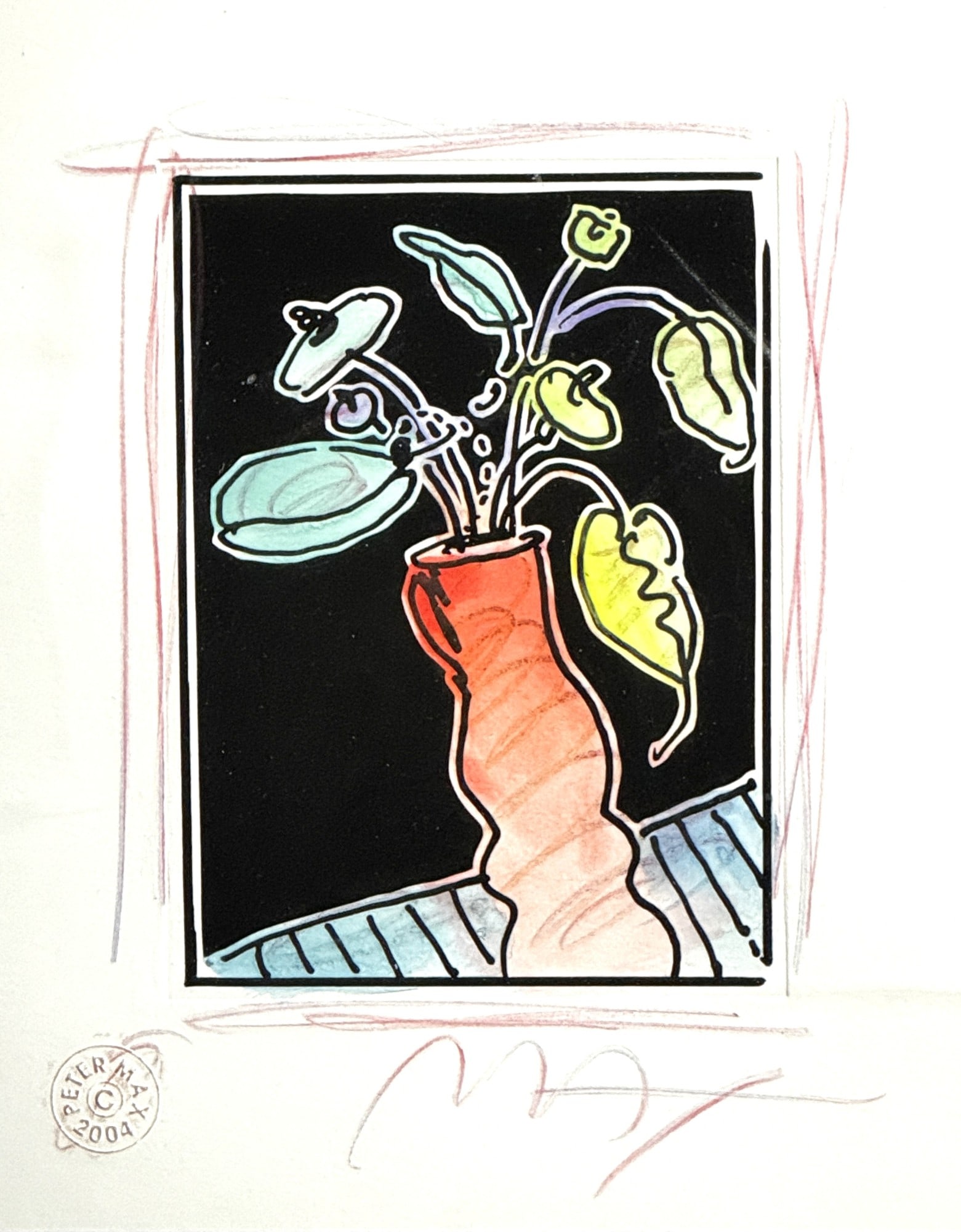 PETER MAX ORIGINAL MIX MEDIA STILL LIFE 2004: PETER MAX ORIGINAL MIX MEDIA STILL LIFE. HAND DRAWN AROUND THE FLOWERS AND SIGNED LOWER RIGHT. Height: 19 in. by Width: 17 in.