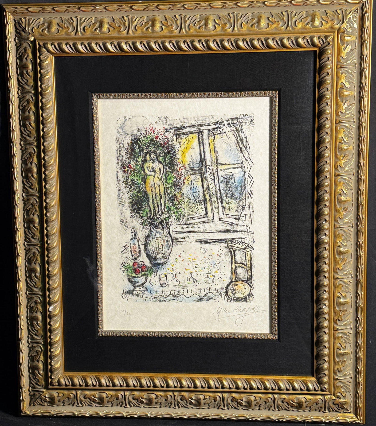 HAND SIGNED MARC CHAGALL LITHO 10/50: HAND SIGNED MARC CHAGALL LITHO 10/50 "LA FENETRE ENTRE ENTRUVENTE LAST LITHOGRAPH BEFORE HIS DEATH Height: 32 in. by Width: 27