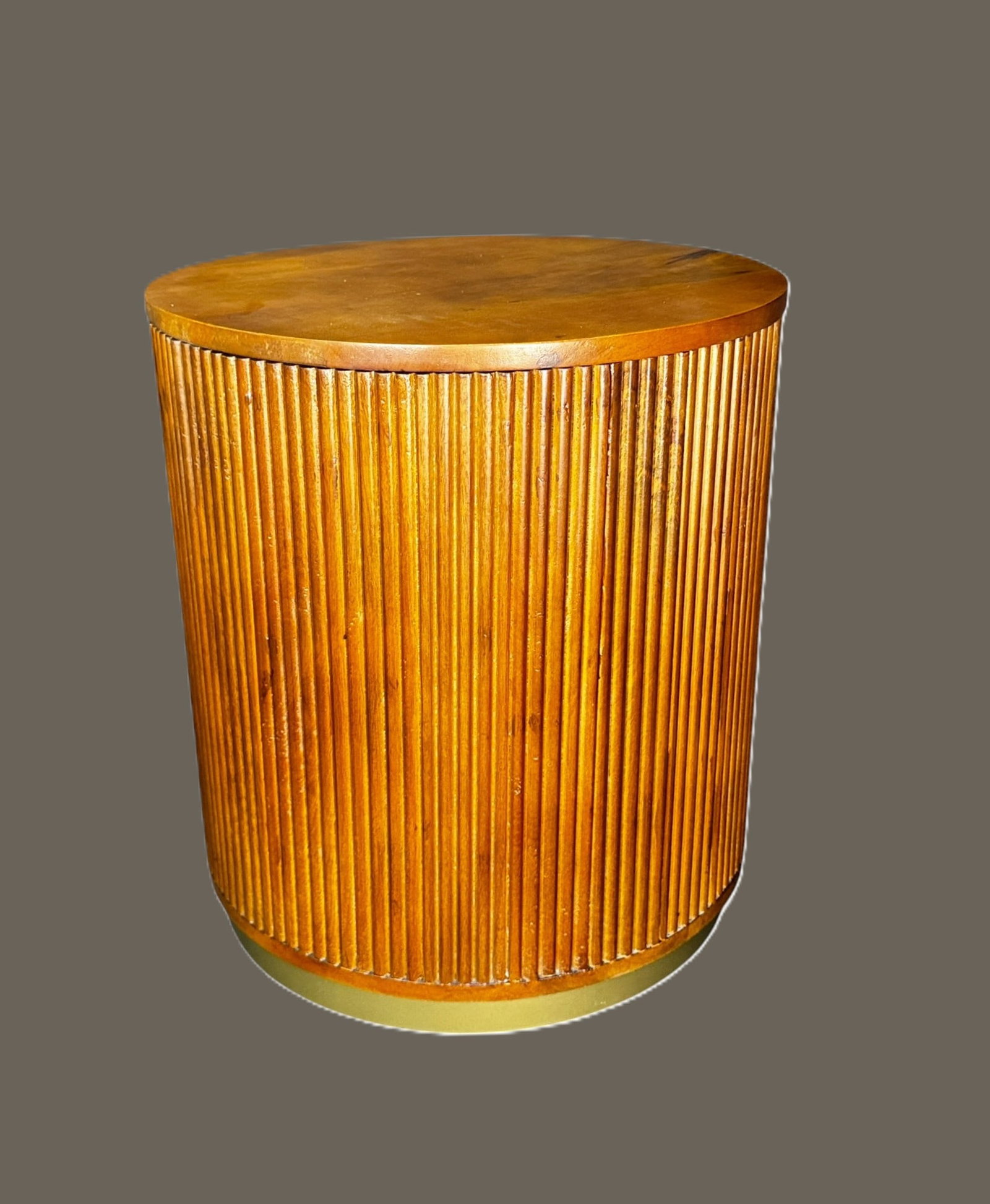 MID CENTURY ROUND SIDE TABLE: MID CENTURY ROUND SIDE TABLE , WOOD AND RAISED ON A SOLID BRASS BASE (TOP LIFTS FOR A SECRET COMPARTMENT) Height: 21 in. by Width: 18