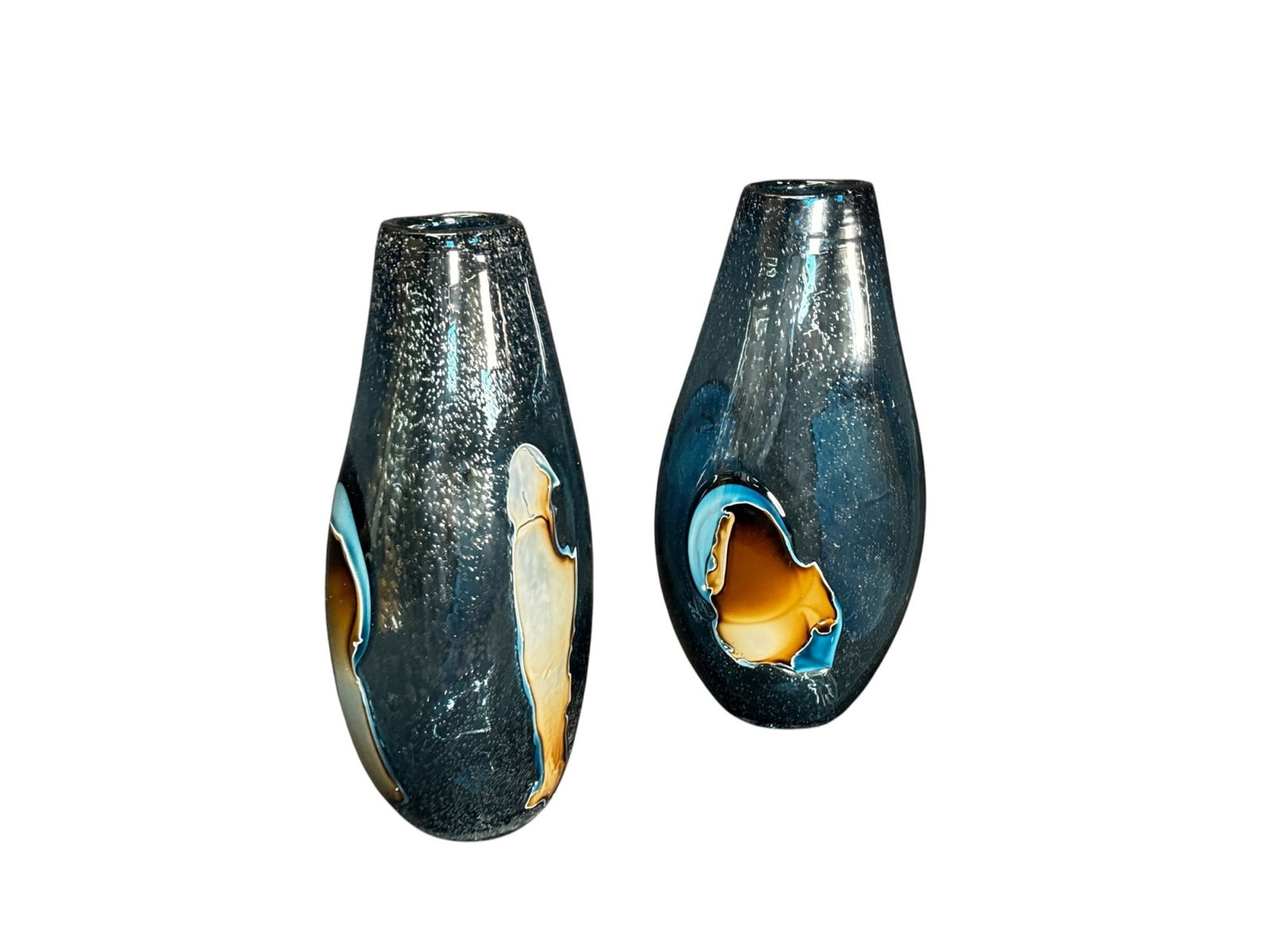 PAIR OF BOTTLE BLUE GLASS ART VASES (1 of 4)