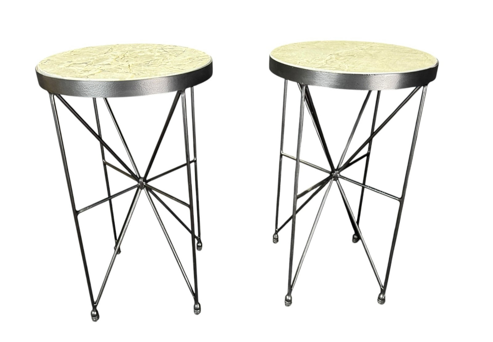 PR OF IRON AND MARBLE CONTEMPORARY SIDE TABLES: PR OF IRON AND MARBLE CONTEMPORARY ROUND SIDE TABLES. Height: 24.5 in. by Width: 14