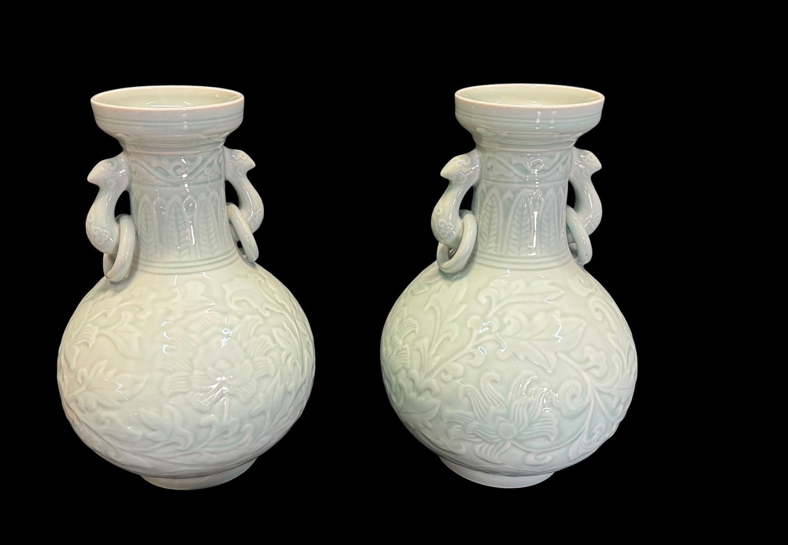 PR OF CELEDON BOTTLE FORM CHINESE VASES: PR OF CELEDON BOTTLE FORM CHINESE VASES WITH RING HANDLES Height: 21