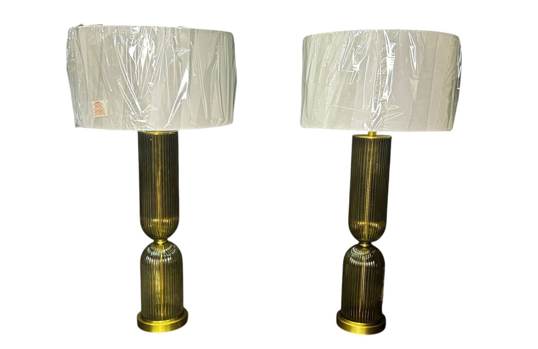 PR OF FLUTED GLASS LAMPS: PR OF FLUTED GLASS LAMPS. OKRA COLOR GLASS. SHADE IS 17" W X 10" H. Height: 34.5 in. by Width: 17 in.