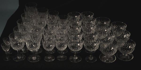 MIXED LOT OF FORTY-ONE CRYSTAL GLASSES: MIXED LOT OF FORTY-ONE CRYSTAL GLASSES. SOME MARKED THOMAS WEBB. 2- CORDIALS, 11-RED WINE GOBLETS, 11-WHITE WINE GOBLETS, 10-OLD FASHIONED CHAMPAGNE GLASSES, 7-SHERBET, 2-CORDIALS. Height: 3.75 and 5
