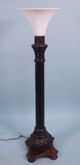 CAST IRON FLOOR LAMP, CIRCA 1900: CAST IRON FLOOR LAMP WITH GLASS SHADE. CIRCA 1900. Height: 55 in. by Width: 16 in. by Depth: 16 in.