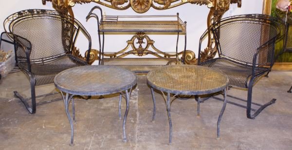 FIVE-PIECE PATIO SET: FIVE-PIECE PATIO SET. TWO END TABLES, TWO SPRING ACTION ARMCHAIRS, BAR CART. Height: 17 and 31 and 30 1/2 in. by Width: 23 and 26 and 19 in. by Depth: 23 1/2 and 24 and 38 in.