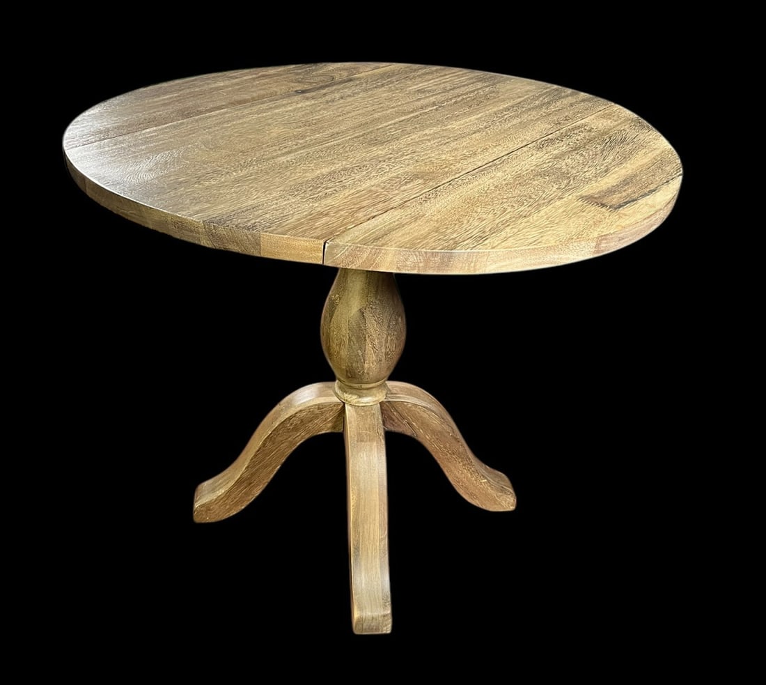 ROUND WEATHERED GRAY WOOD DROP LEAF TABLE - 4