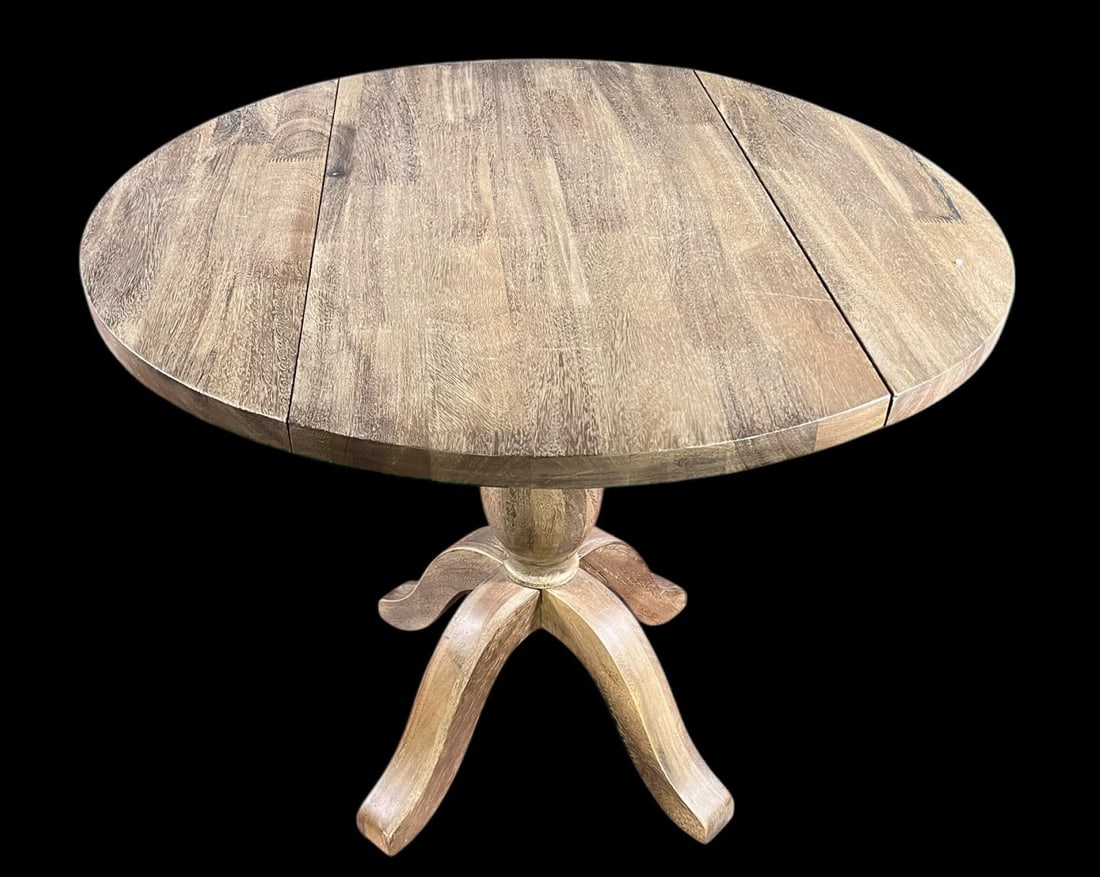ROUND WEATHERED GRAY WOOD DROP LEAF TABLE - 6