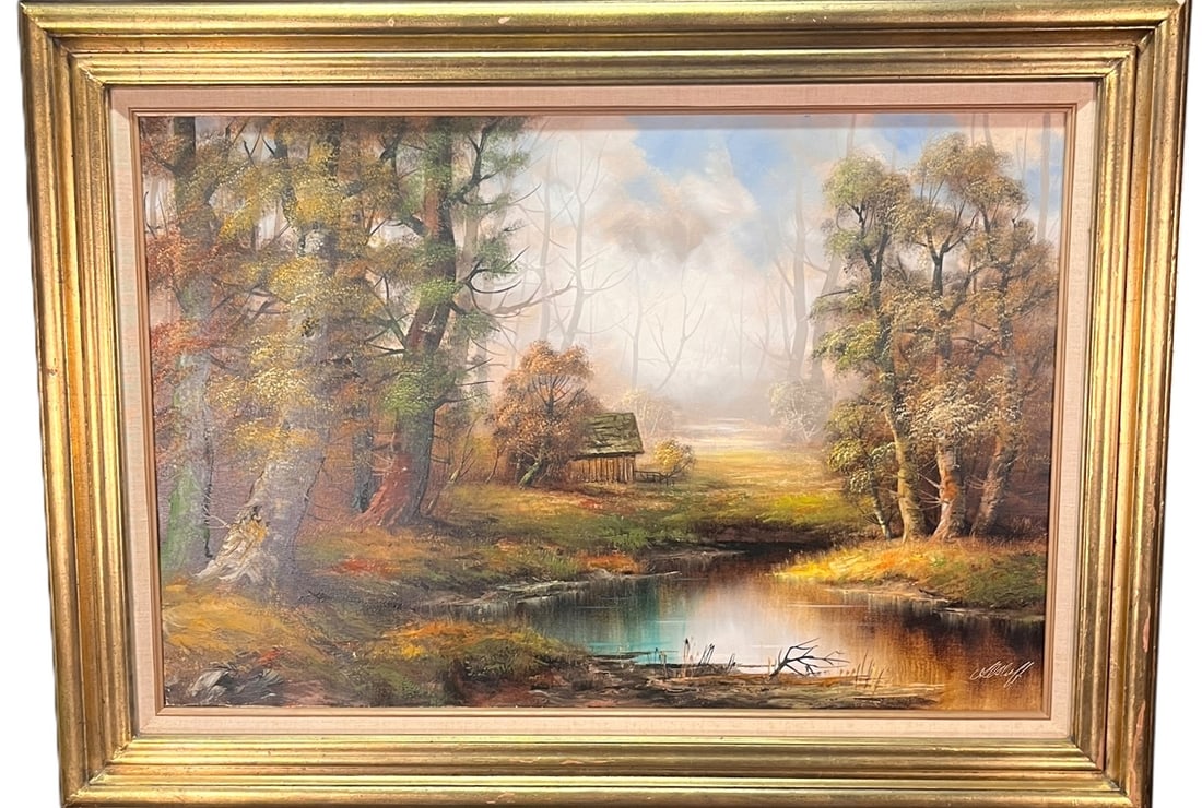 LANDSCAPE ACRYLIC ON CANVAS IN GILDED FRAME: LANDSCAPE ACRYLIC ON CANVAS IN GILDED FRAME. ILLEGIBLE SIGNATURE. Height: 33 & 24 in. by Width: 44 & 36 in. by Depth: 2 in.
